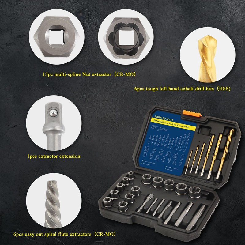 PRIDE&CRAFT 26Pcs Screw Extractor Set, Bolt Extractor Kit with HSS