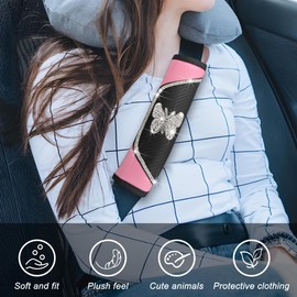 Zpana Bling Car Seat Belt Cover, 2PCS Carbon Fiber Crystal Rhinestone Butterfly Vehicle Seat Belt Strap Shoulder Pad, Comfortable Automotive Neck Shoulder Mat Cushion, Universal Fit (Pink)