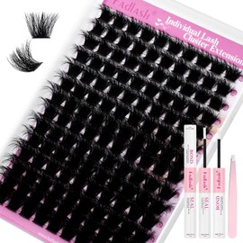 FADLASH Lash Extension Kit 200D Lash Cluster Kit DIY Eyelash Extension Kit with Lash Bond and Seal Lash Tweezers Natural Cluster Lashes Kit Individual Lashes 3D Effect (KIT, 200D-3D-07D-12-18mm)