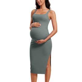 CRZ YOGA Women Butterluxe Sleeveless Tank Maternity Dress Split Ruched Pregnancy Square Neck Bodycon Casual Baby Shower Grey Sage Medium