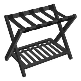 SONGMICS Solid Wood Luggage Rack, No Assembly Required, Foldable Suitcase Stand, Luggage Holder, with Storage Shelf, for Guest Room, Hotel, Bedroom, Ink Black URLR020B02