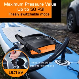 Electric Paddle Board Pump, 50 PSI High Pressure SUP Pump - Dual Stage Inflation, Auto Shutoff and Deflate, 12V DC Automotive Connector for Standing Pulp Boards, Inflatable Boats and Mattresses