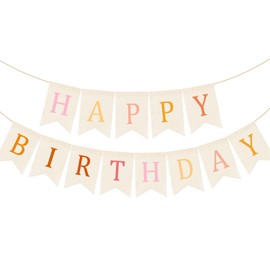 Doumeny Burlap Happy Birthday Banner Boho Birthday Bunting Garland Pink Bohemian Sign Flag White Birthday Hanging Banner Pastel Rainbow Party Decor for Home Mantel Fireplace Nursery Party Backdrop