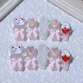 Handmade Press On Nails Long MouyouGlow, Ballerina Kawaii Pink 3D Cute Cinnamo Roll Heart Dog Bow Kitty Cartoon Y2K Coquette Resuable Fake Nails, Handmade Artificial Fingernails, Pack of 10 S