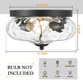 Darkaway Ceiling Light Fixtures Flush Mount Indoor Outdoor Ceiling Light with Water Ripple Glass Shade for Hallway Kitchen Bedroom Porch Living Room Black Finish