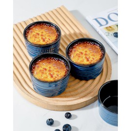 Hasense Ramekins 8 oz Oven Safe for Creme Brulee, Ceramic Souffle Dish Oven Safe Set of 6,Porcelain Dipping Sauce Bowls for Pudding, Creme Brulee, Souffle, Serving Dip, Custard, Ice Cream(Blue)