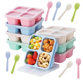 8 Pack Bento Lunch Box BPA-Free Reusable Snack Boxes 4 Compartment Bento Box Wheat Straw Meal Prep Lunch Box for Kids School Office Toddlers Travel Work