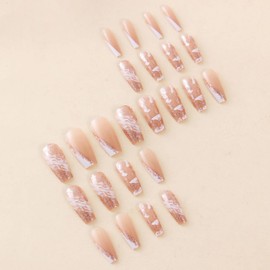 MISUD Press on Nails Long Coffin Fake Nails Glossy Glue on Nails White Ombre Acrylic Nail Supplies Ballerina Artificial Nail Art Bling Glitter Stick on False Nails with Design DIY 24 pcs