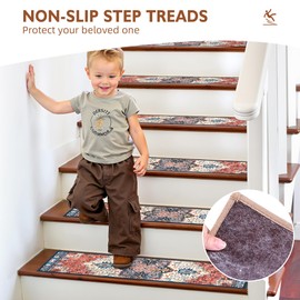 Carpet Stair Treads Non Slip for Wooden Steps 1PCS, 8" X 30" Stair Runners Mats Indoor, Stain Resistant Staircase Step Treads Stair Rugs with TPR Self Adhesive Backing for Kids, Elders, Dogs, Red