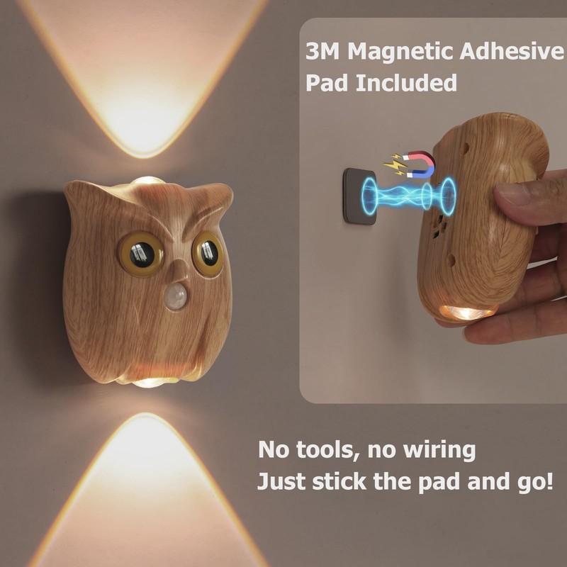GDQ Wireless Motion Sensor Night Light, Cute Owl Wood Grain