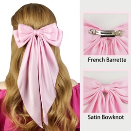 JGQUR Large Pink Satin Hair Bow Clip for Women Girls Oversized Long Tail Hair Accessory for Party, Outfits, Gift for Girls, 1-Pack