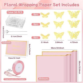 93 count Flower Bouquet Wrapping Paper Kits, 20 Sheets Valentines  Floral Wrapping Paper 10 Greeting Cards 12  Butterfly 50 Flower Pins 1 Roll Ribbon for Wedding Graduation Birthday - Color: Pink
