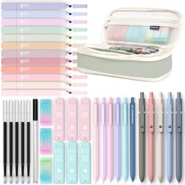 Four Candies Four Candies 39 PCS Aesthetic School Supplies with Cute Pen Case, 12 Pastel Highlighters, 5 Black Ink Gel Pens, 6 Mechanical Pencils Set 0.5 & 0.7 mm for Students Stationary College Essentials (Green)