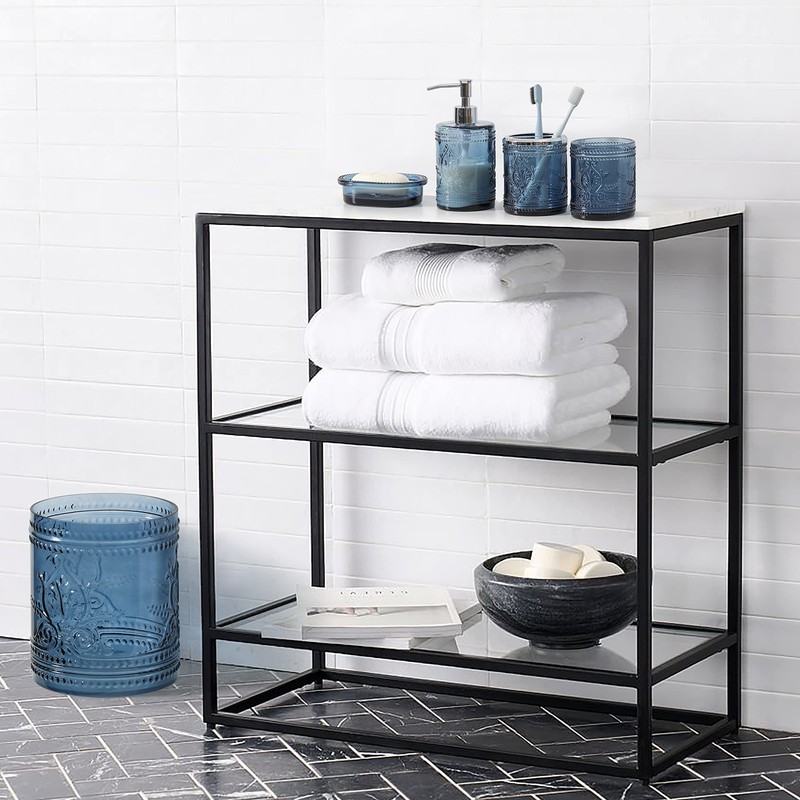 4PCs Teal Blue Glass Bathroom Accessories Set with Decorative Pressed