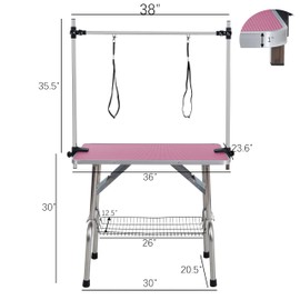 TRODEP 36" Dog Grooming Table Foldable Pet Grooming Tables with Adjustable Arm Noose Storage Mesh Tray Maximum Capacity Up to 330lbs Pink