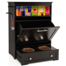 PETSITE Dog Feeding Station with Storage and 2 Elevated Bowls, Modern Dog Food Cabinet with 3 Side Hangers and Tilt-Out Storage Cabinet (Brown)