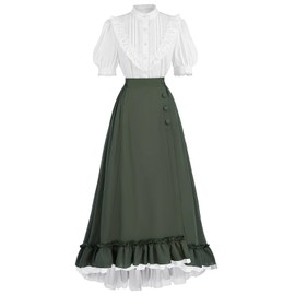 FCCAM Green Victorian Dress for Women Short Sleeve 1800s Edwardian Dress Costume with Pockets XL