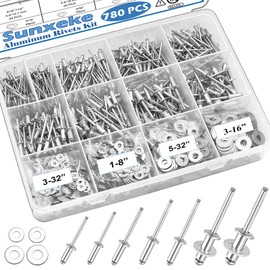 Sunxeke 780pcs Pop Rivets with Washers Assortment Kit,14 Sizes Pop Aluminum Rivets(3/32 1/8 5/32 3/16 1/4 inch) and 4 Sizes washers,Assorted Blind Rivets for DIY/Automotive Repairs/Furniture with Box