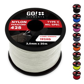 GO!elements 30 m Paracord Rope Made of Tear-Resistant Nylon - 3 mm Paracord 425 Type II Max. 192 kg - Cords as Outdoor Rope, All-Purpose Rope, Survival Rope, Bracelet, Dog Lead, Nylon Cord, Colour: