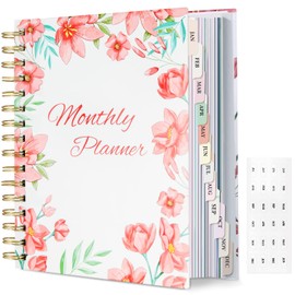 Soomeet 2024 Monthly Planner with Tabs, Hardcover Academic Planner, Weekly & Daily Yearly Agenda Organizer, Flexible Spiral Bound, 8.75" x 7.25", Floral Monthly Planner Red-white