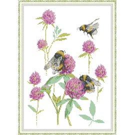 CaptainCrafts Cross Stitch Kits, New Stamped and Counted Fabric Cross Stitching DIY Art DMC Needlecrafts Embroidery Kit for Adults Beginner (Stamped 14CT, Bumblebee Picking Flowers)