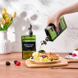 MUVEKA Olive Oil Dispenser Bottle for Kitchen, Vinegar Dispenser Bottle Set, Glass Sauce Container, Oil Cruet with Labels, Brush, Funnel, Stoppers, Green for Wine