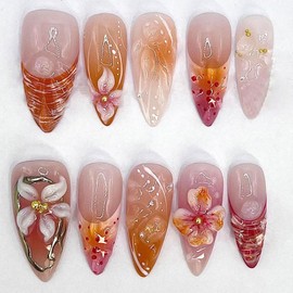 Ombre Press on Nails Short Almond Fake Nails French Tip Acrylic Nails Glossy Glue on Nails Orange Gradient Pink False Nails with Flower Lines Dot Pearl Design Artificial Stick on Nails for Women 24Pcs