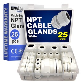 New Age America® 25pcs NPT Cable Glands Kit KableLock™ | 1/4" to 1-1/4" | White | Nylon Cord Grip Strain Relief | Adjustable Locknut Cord Grip | IP68 Waterproof | NPT 1/4", 3/8" 1/2", 3/4", 1", 1-1/4"