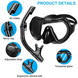 Snorkel Set Adults, Scuba Snorkelling Packages with Anti-Fog Panoramic View Swimming Goggles,Dry Snorkel Set Suitable for Snorkeling Diving Swimming (Black)
