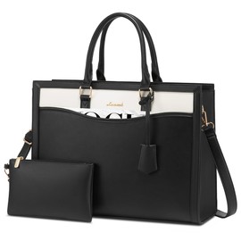 LOVEVOOK Laptop Tote Bag for Women, Leather Office Work Bag Briefcase fit for 15.6 inch Laptop, Large Teacher Computer Bag Handbag,2pcs Set Leather/Black-White
