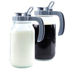 Mason Jar Pitcher 64 OZ (2 Pack) Wide Mouth Glass Pitcher With Pour Spout Lids 2 Quart Airtight Leak Proof Water Pitcher With Handle For Iced Tea, Milk, Sun Tea, Lemonade, Juice, Iced Coffee