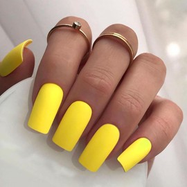 Matte Yellow Press on Nails Long Square, KXAMELIE Medium Coffin Nails Press ons Long Glue on Nails Natural Thick Fake Long Nails Acrylic Nails Reusable 24 Fake Nails Solid Color False Nails for Women