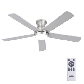 HUMHOLD 52" Flush Mount Ceiling Fans with Lights and Remote Control, Brushed Nickel, 6 Speeds Reversible DC Motor, 5 Blades Low Profile Ceiling Fans LED Light for Bedroom/Living Room (Silver)