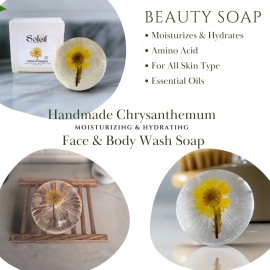 Soleil Naturale Handmade Chrysanthemum Ball Face / Body Soap-Amino Acid/Essential Oil- Wood Tray