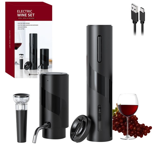 COKUNST Electric Wine Opener Set, USB Rechargeable Bottle Opener and Wine Decanter & Wine Aerator and Pourer, Wine Stopper, Foil Cutter 4-in-1 Gift Set for Wine Lovers Home Kitchen Party Wedding Bar