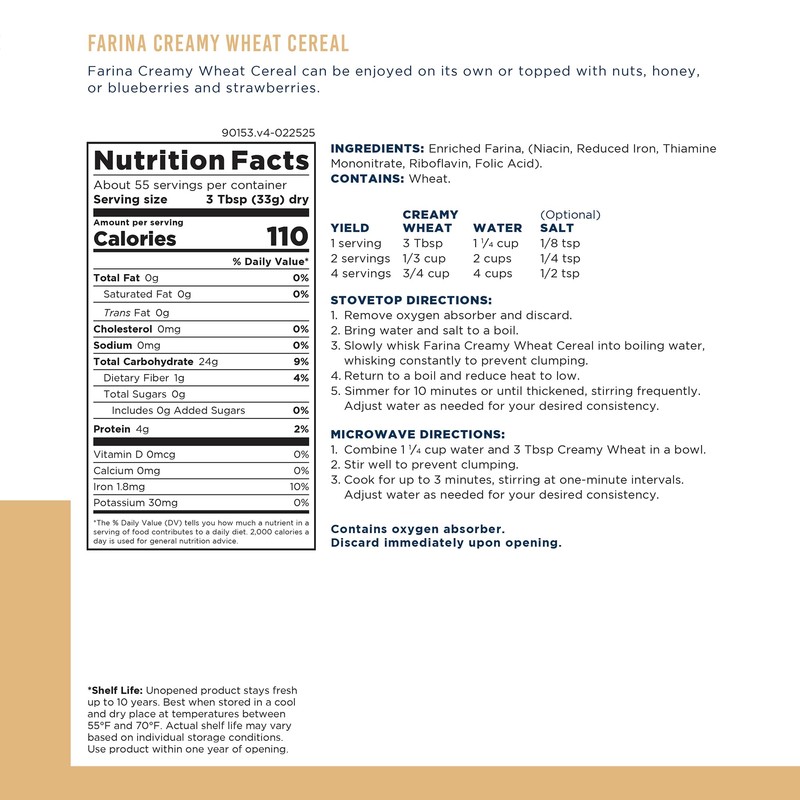 Augason Farms Creamy Wheat Cereal Can, Emergency Food Supply, Everyday