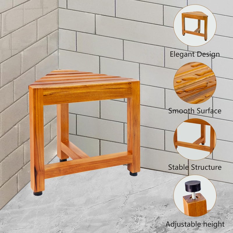 VaeFae Teak Shower Corner Bench, Wooden Foot Rest, Shower Bench