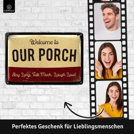 LANOLU Retro Tin Sign Welcome To Our Porch - Favourite Place Sign in English, Funny and Decorative Signs for Garden and Balcony, 20 x 30 cm