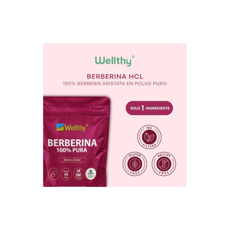 Wellthy Berberina Pura 90 Cápsulas. 100% Berberis Aristata, 500mg c/u,