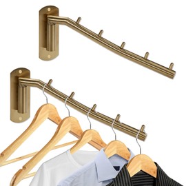 Sumnacon Stainless 2 Pcs Steel Clothes Hanger Rack-Wall Mount Garment Hook with Swing Arm, Sturdy Coat Robe Storage Organizer for Laundry Room Bedrooms Clothing Drying Rack with 5 Hooks, Gold