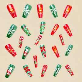 Christmas Medium Coffin Press on Nails Xmas Red Green Glossy False Nails Winter Xmas Tree Fake Nails Snowflake Snowman Elk Design Acrylic Nails Full Cover Christmas Nail Art Kit for Women 24 Pcs