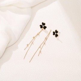 EleQueen Gold-Tone Black Enamel Lucky Shamrock Earrings for Women, Crystal Drop Long Tassel Chain Clover Stud Dangle Earrings Jewelry Gift for St Patricks Day