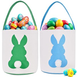 Ziwijity 2 Pack Easter Bunny Baskets for Kids - Easter Basket Bags with Handles, Canvas Rabbit Tote Bags for Easter Egg Hunts, Party Gifts, and Storage (Empty) (Green+Blue)