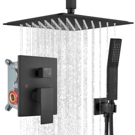 gotonovo Ceiling Mount Shower System Bathroom Shower Faucet Set Rain Showerhead with Handheld Spray Combo High Pressure Shower Trim Kit with Valve 12 inch Showerhead Matte Black