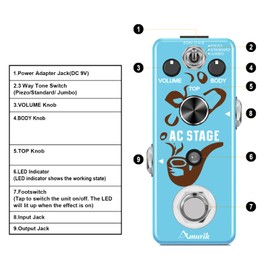 Amuzik Pedal Guitar Effect AC Stage Analog Effect Pedal Simulator Acoustic 3 Modes Guitar Pedal for Electric Guitar True Bypass