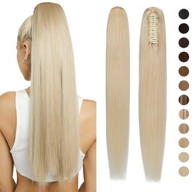 Clip-In Ponytail Extensions, Real Hair Pieces, Real Hair Ponytail Extension, 7A Remy Hair, Straight Braid Hair Extension with Clip, 50 cm - 120 g, 613# Bleach Blonde
