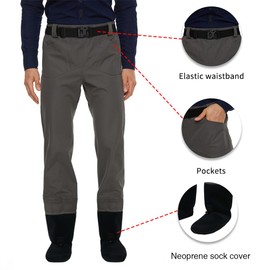 FANGBLUE Fishing Waders for Men and Women Wading Pants with Neoprene Stocking Foot Fishing Waist Waders Pants with Pockets for Fly Fishing Hunting Kayaking (XXL) Grey