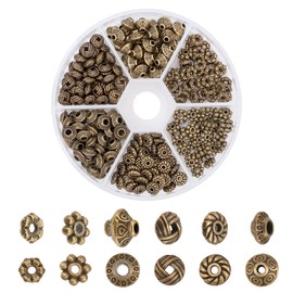 PandaHall 300 Pieces 6 Style Antique Bronze Spacer Beads, Tibetan Metal Alloy Jewellery Beads, Tube Intermediate Pieces, Flower, Flat Rondelle, Loose Beads for Bracelet, Necklace, Earrings, Jewellery