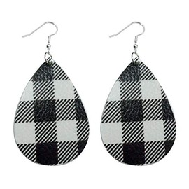 ROSTIVO Christmas Earrings for Women Buffalo Plaid Earrings Cute Leather Earrings Teardrop Danlge Earrings Holiday Earrings (Black and White)