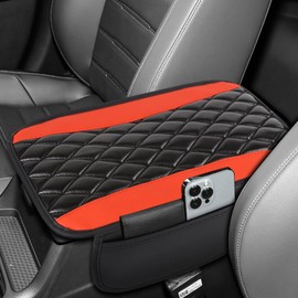 Hbxdeco Car Center Console Cover, 12.4"×8.1" Leather Arm Rest Cover for Car, Auto Armrest Cover Protector with Side Pockets, Universal Vehicle Middle Console Cover, Car Accessories(Red)